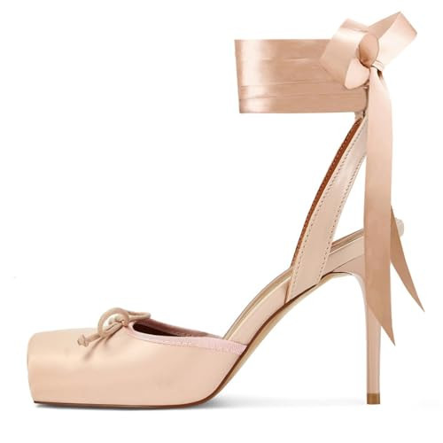 RJYLP Satin Ballet Heels for Women with Bow Square Toe Ballerina Stiletto Heels Lace Up High Heel Slingback Pumps Strappy Mary Janes Cute Elegant Party Shoes Pink | Amazon (US)