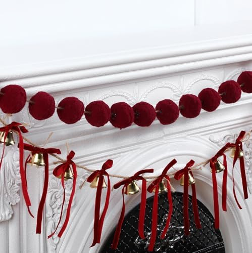 2 Pcs 5.9 ft Christmas Velvet Ball Garland Burgundy Christmas Bow with Jingle Bell Garland Orname... | Amazon (US)