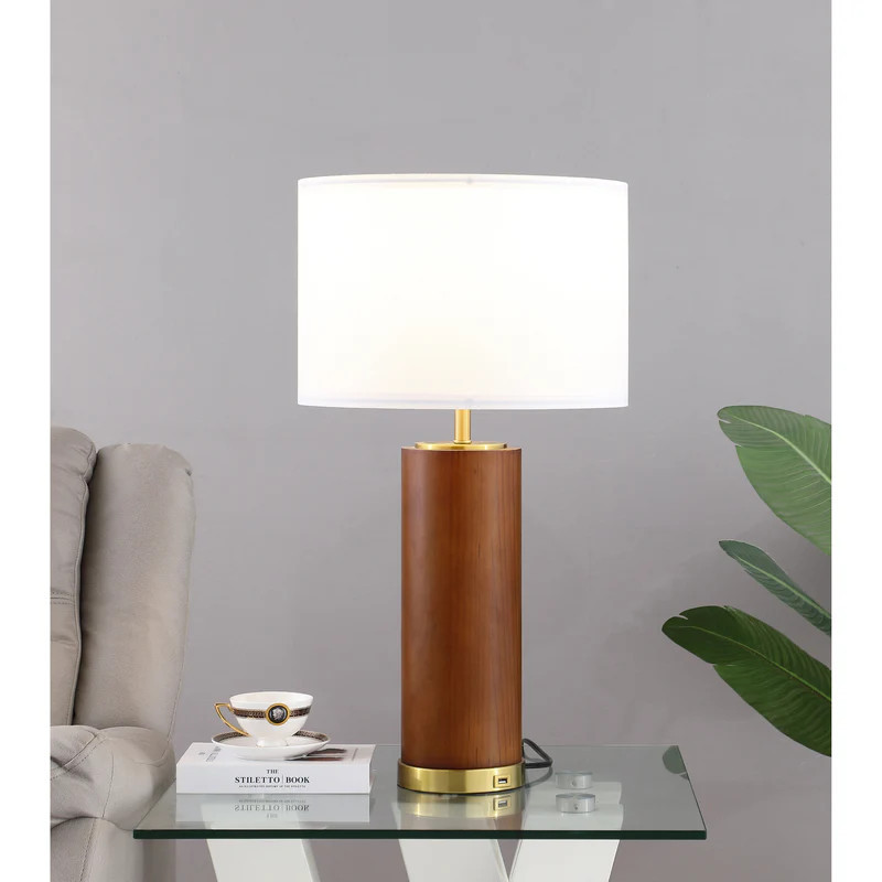 Aziel 28-inch Drum Shade Wood Frame Table Lamp Cappuccino | Overstock