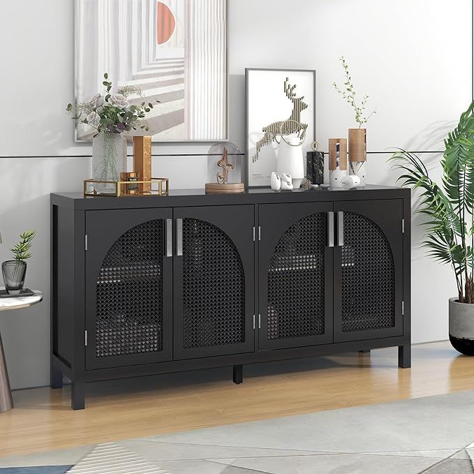 Modern Black Rattan Storage Cabinet - Freestanding Arched Buffet Sideboard with Metal Handles for... | Amazon (US)
