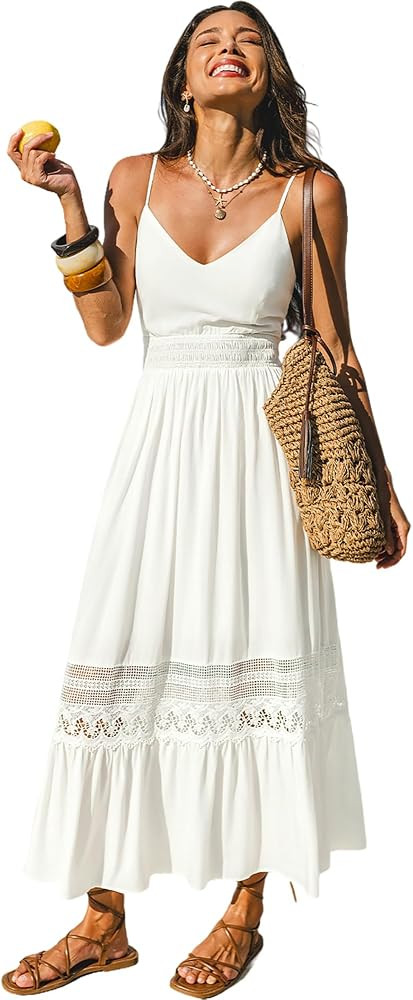 CUPSHE Women's Summer Maxi Dresses Spaghetti Strap Lace Trim Tiered Flowy Boho Beach Vacation Sun... | Amazon (US)