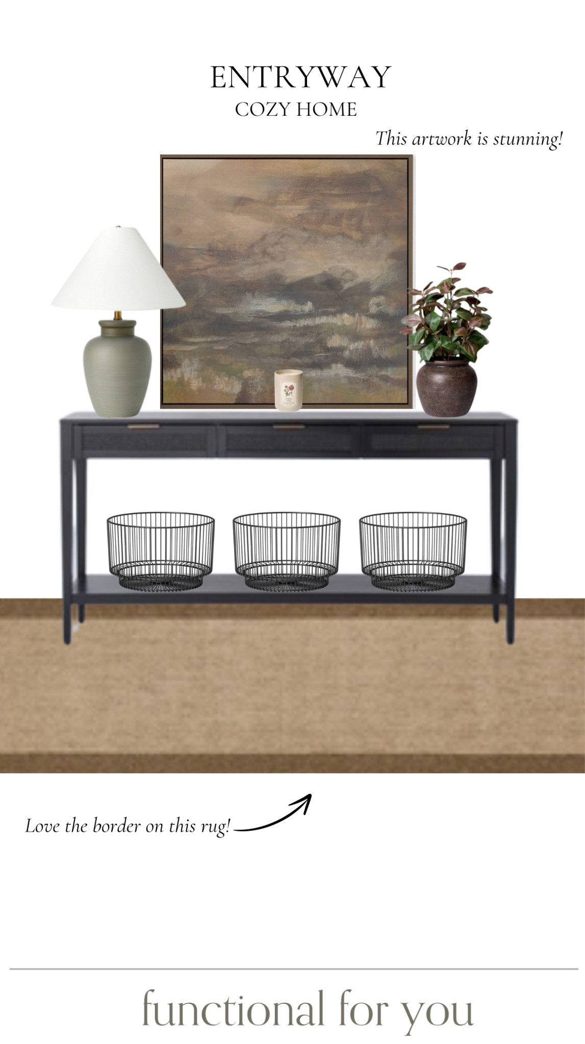 Cozy entryway design, all from Target. I love this artwork piece, it provides the space with a subtle statement piece. 





Wall art, table lamp, faux plant, vase, entry way table, runner rug, accent baskets, target home decor, target furniture, candle

#LTKStyleTip #LTKHome
