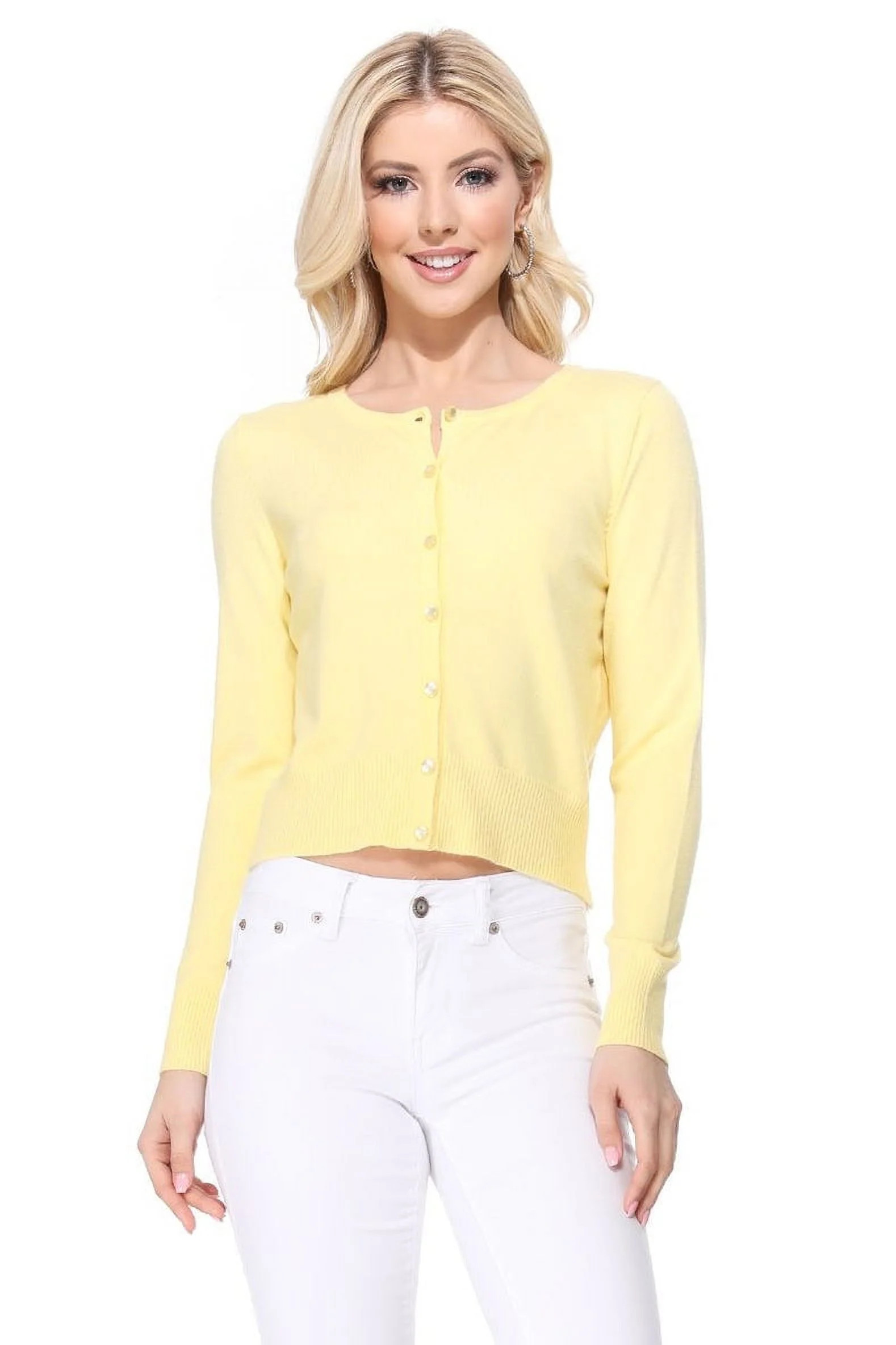 YEMAK Women's Long Sleeve Crewneck Cropped Button Down Cardigan Sweater MK5502-Babyyellow-XL | Walmart (US)