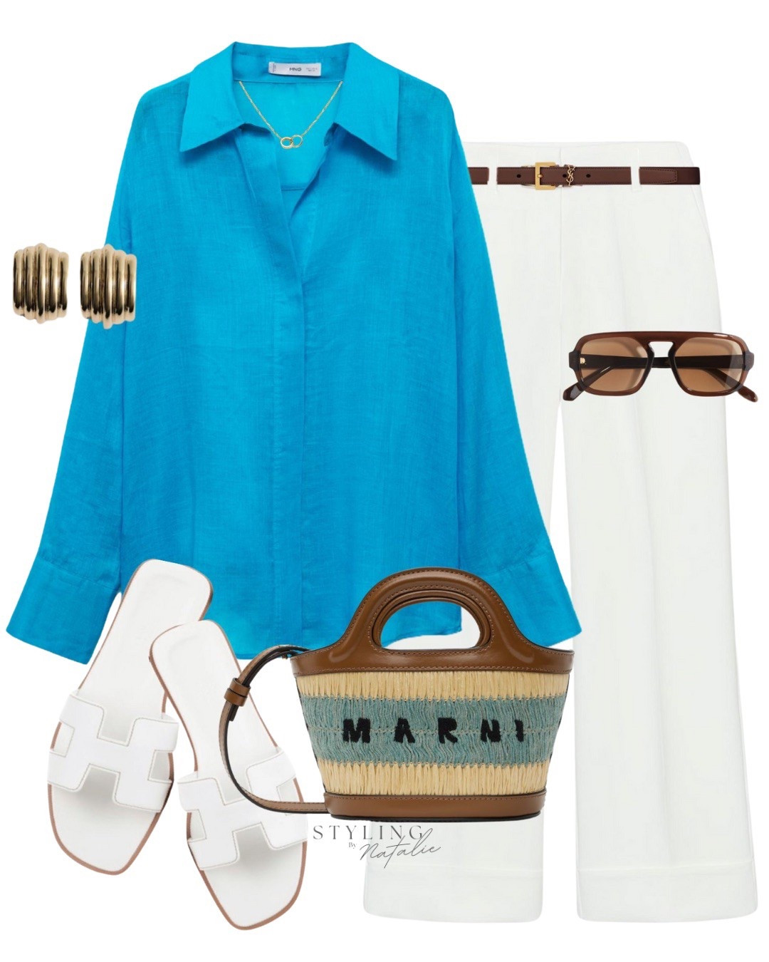 Blue shirt summer outfit- cobalt blue ramie shirt, turn up hem trousers, Marni tote bag, white slides and brown accessories. Casual chic, Mango, Zara, Hermes, Summer style.

#LTKuk #LTKsummer #LTKstyletip