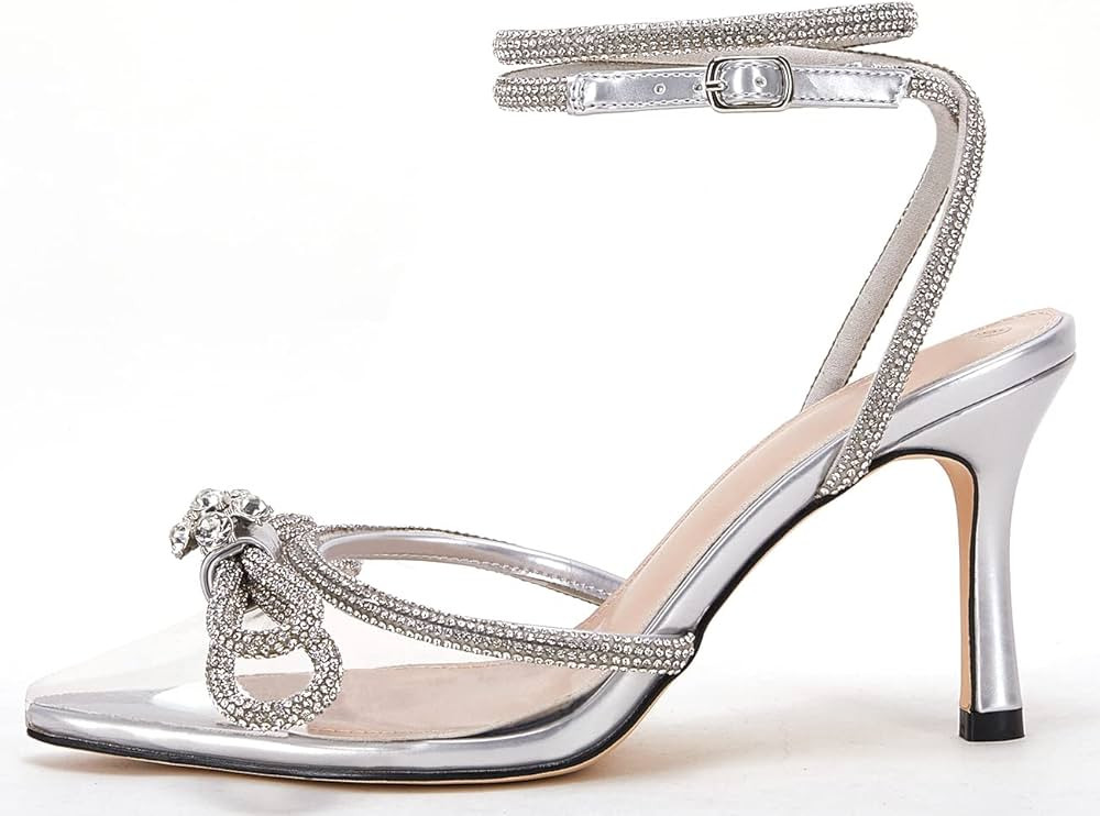 VETASTE Women's Double Bow Pointed Toe Ankle Strap Crystal Pumps Wedding Bridal Party Stilettos B... | Amazon (US)