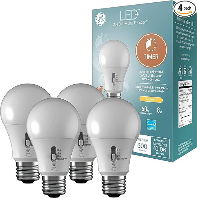 GE LED+ Timer A19 LED Light Bulbs, Built-in Automatic Indoor Timer Light, 8W, Soft White (4 Pack) | Amazon (US)