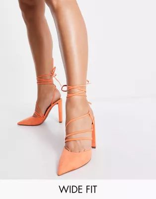 ASOS DESIGN Wide Fit Paisley strappy tie leg high heeled shoes in orange | ASOS (Global)