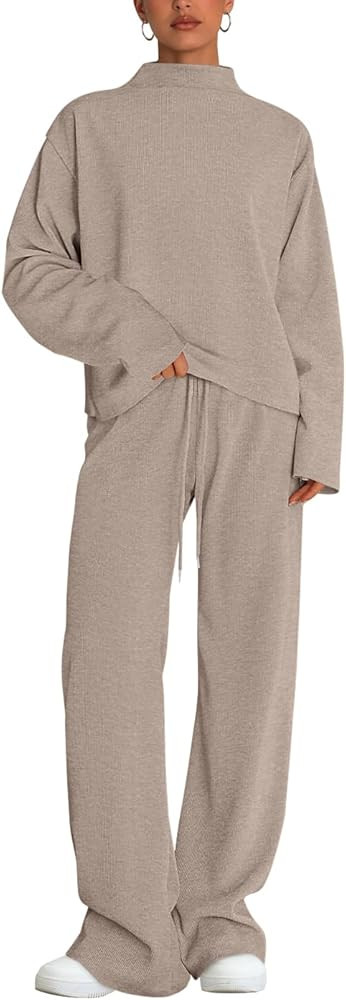 PRETTYGARDEN Women Fall Sweatsuits Two Piece Sets Mock Neck Long Sleeve Knit Tops Wide Leg Pants ... | Amazon (US)