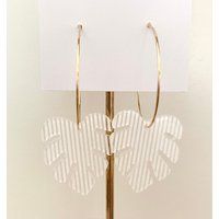 Gold Wire Hoops With White Stripe Acrylic Monstera Leaves, Hoop Earrings, Earrings | Etsy (US)
