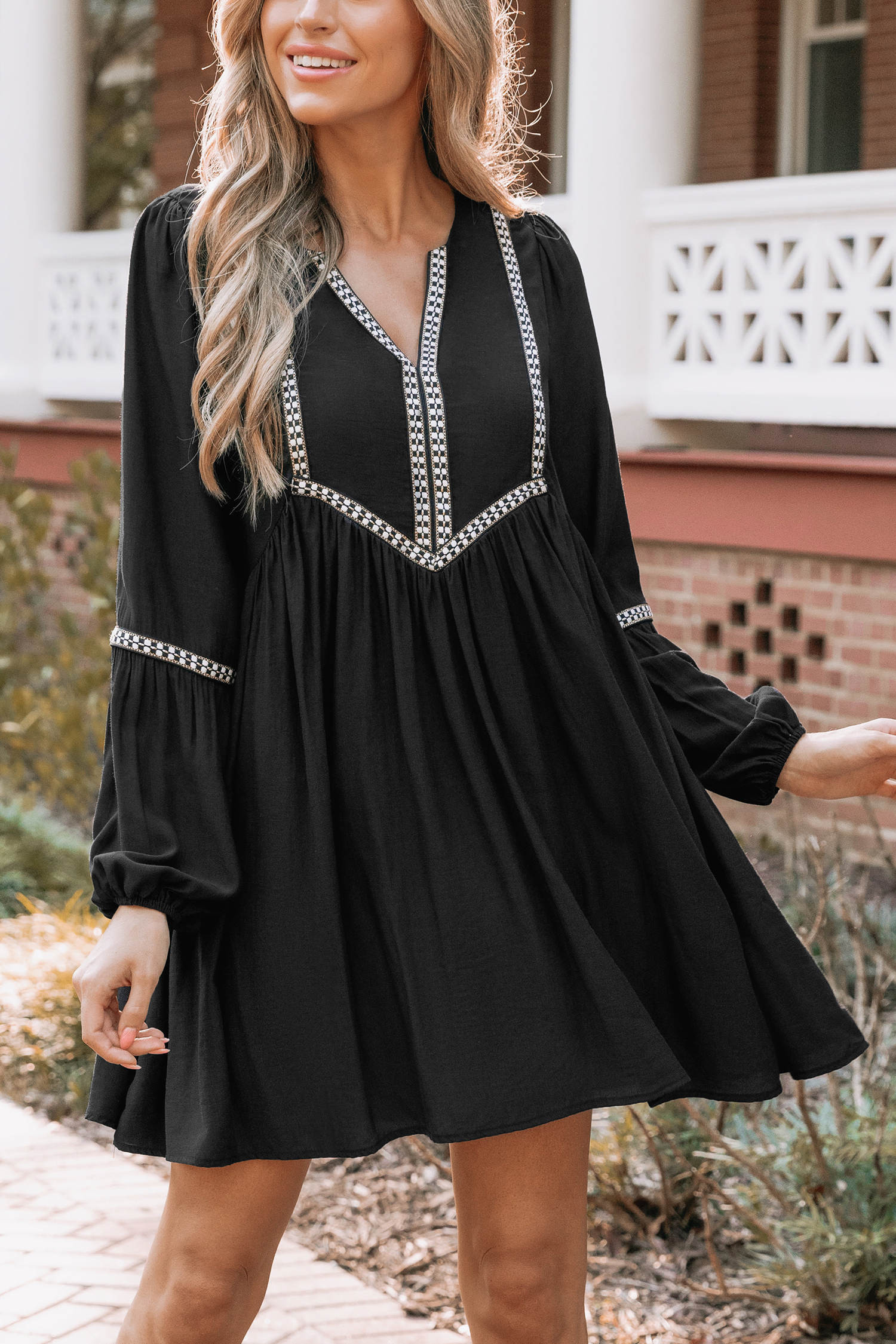 Embroidered V-Neck Peasant Sleeve Mini Dress | Cupshe US
