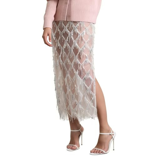 AXX Women's Sequin Fringe Midi Skirt - Sheer Mesh Sparkly Tassel Skirt with Side Slit, Elastic Wa... | Amazon (US)