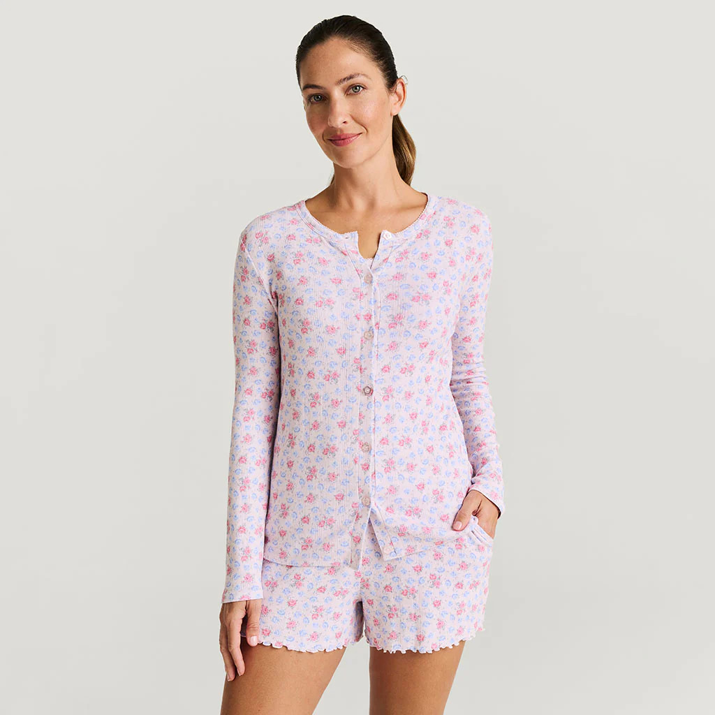Floral Pink Fitted Laney Women's Pointelle Cardigan | Posh Peanut® | Posh Peanut