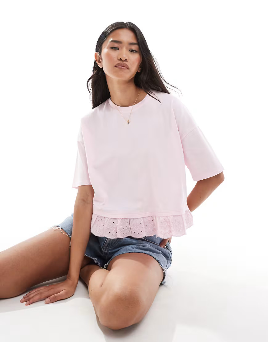 Miss Selfridge broderie hem short sleeve t-shirt in pale pink-Green | ASOS (Global)