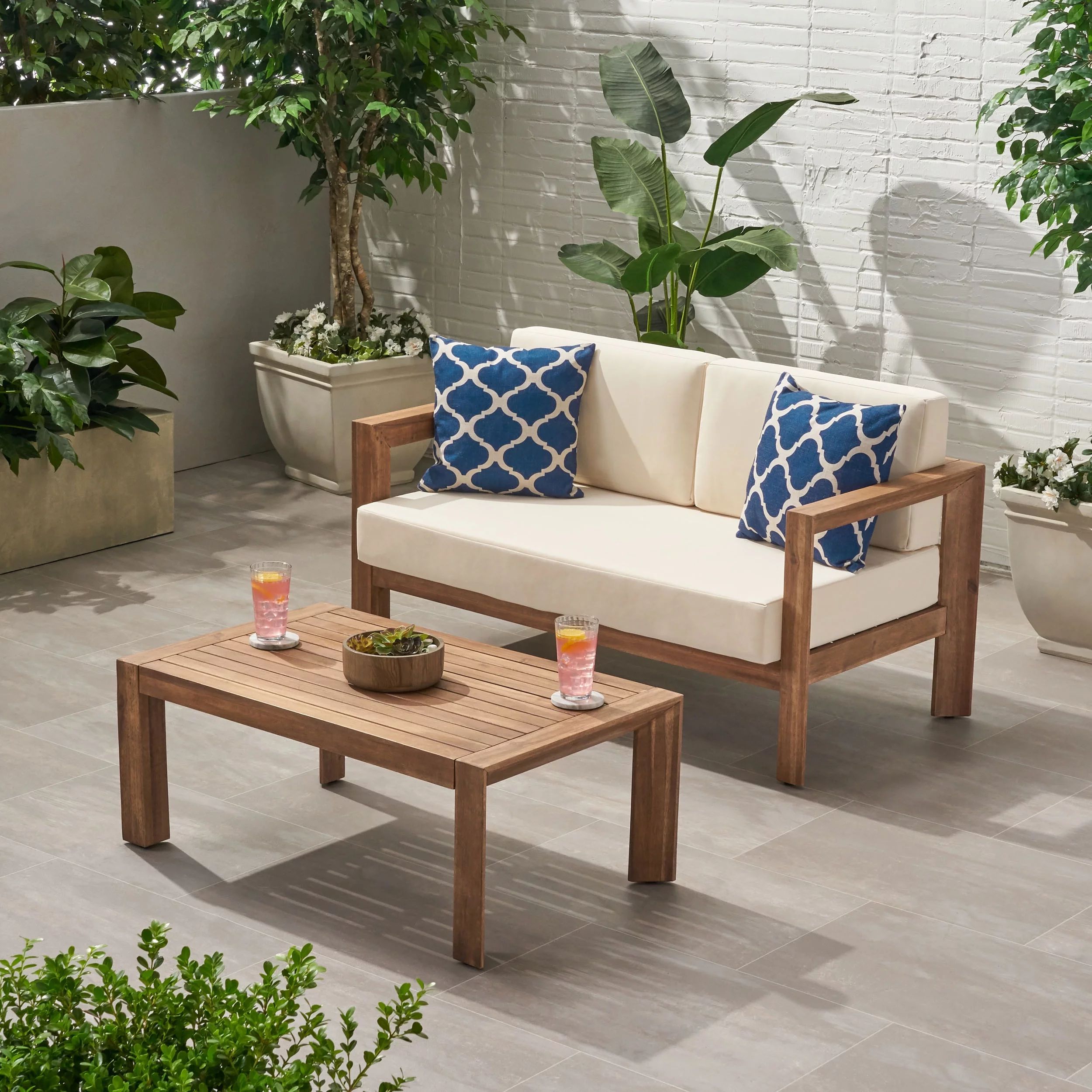 Noble House Genser Outdoor Wood Loveseat and Coffee Table in Beige - Walmart.com | Walmart (US)