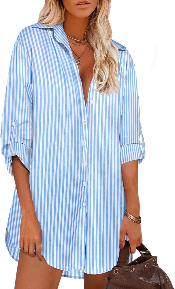 HOTOUCH Women Boyfriend Shirts Button Down Long Sleeve Blouse Cuffed Sleeve Collared Shirt | Amazon (US)