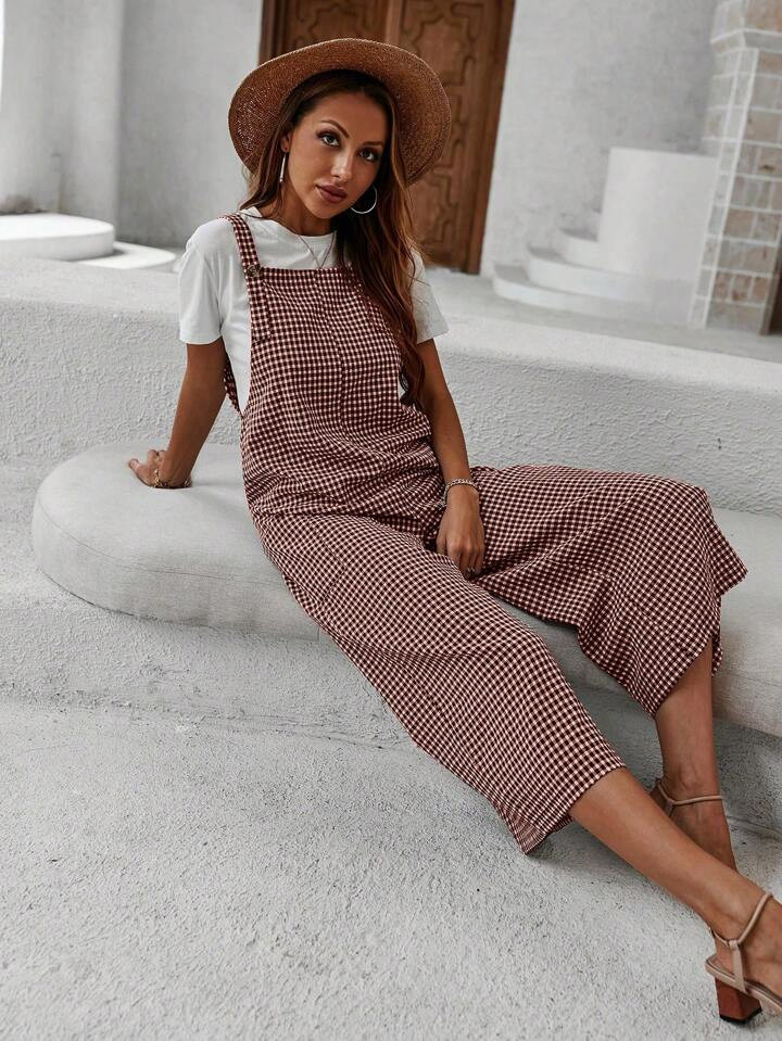 SHEIN LUNE Gingham Print Overall Jumpsuit Without Tee | SHEIN
