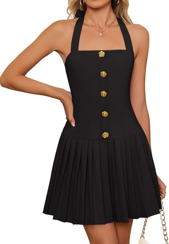 ZESICA Womens Summer Sleeveless Mini Dress 2025 Halter Neck Backless A Line Swing Pleated Short P... | Amazon (US)