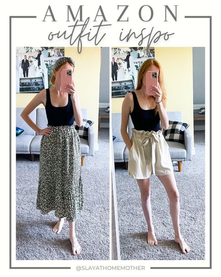 Petite friendly outfits that can be dressed up or down - love these petite amazon basics!

Left: 
green leopard skirt in XS
Black bodysuit in SMALL - hugs your midsection!

Right:
Tan tie shorts in size SMALL with wide leg
Same black bodysuit in size SMALL

Petite style, petite outfit, petite amazon outfit, petite fashion, amazon basics

#LTKstyletip #LTKsalealert #LTKunder50