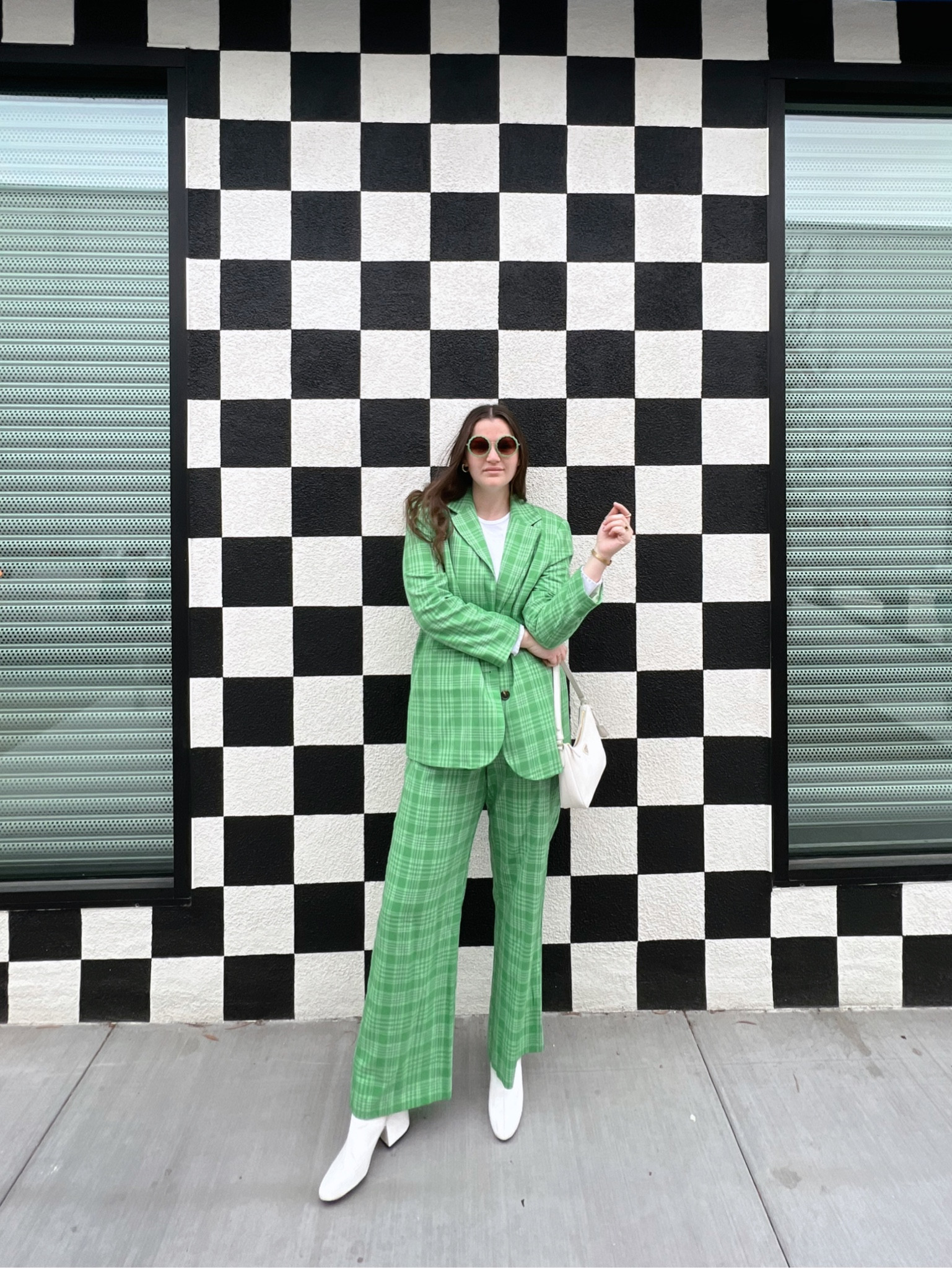 ASOS DESIGN grandad suit blazer in green check, ASOS DESIGN straight ankle suit pants in green check, matching set, long sleeve lettuce edge T-shirt in white, wear to work, office outfit, fall / winter, spring / summer, gold jewelry from Amazon (hoop earrings, rings), white booties from Nordstrom, heeled boots, Women's Round Scallop Edge Sunglasses - Agua Bendita x Target Olive, Prada Re-Edition Saffiano leather mini bag, designer purse, neutral

#LTKunder100 #LTKstyletip #LTKunder50