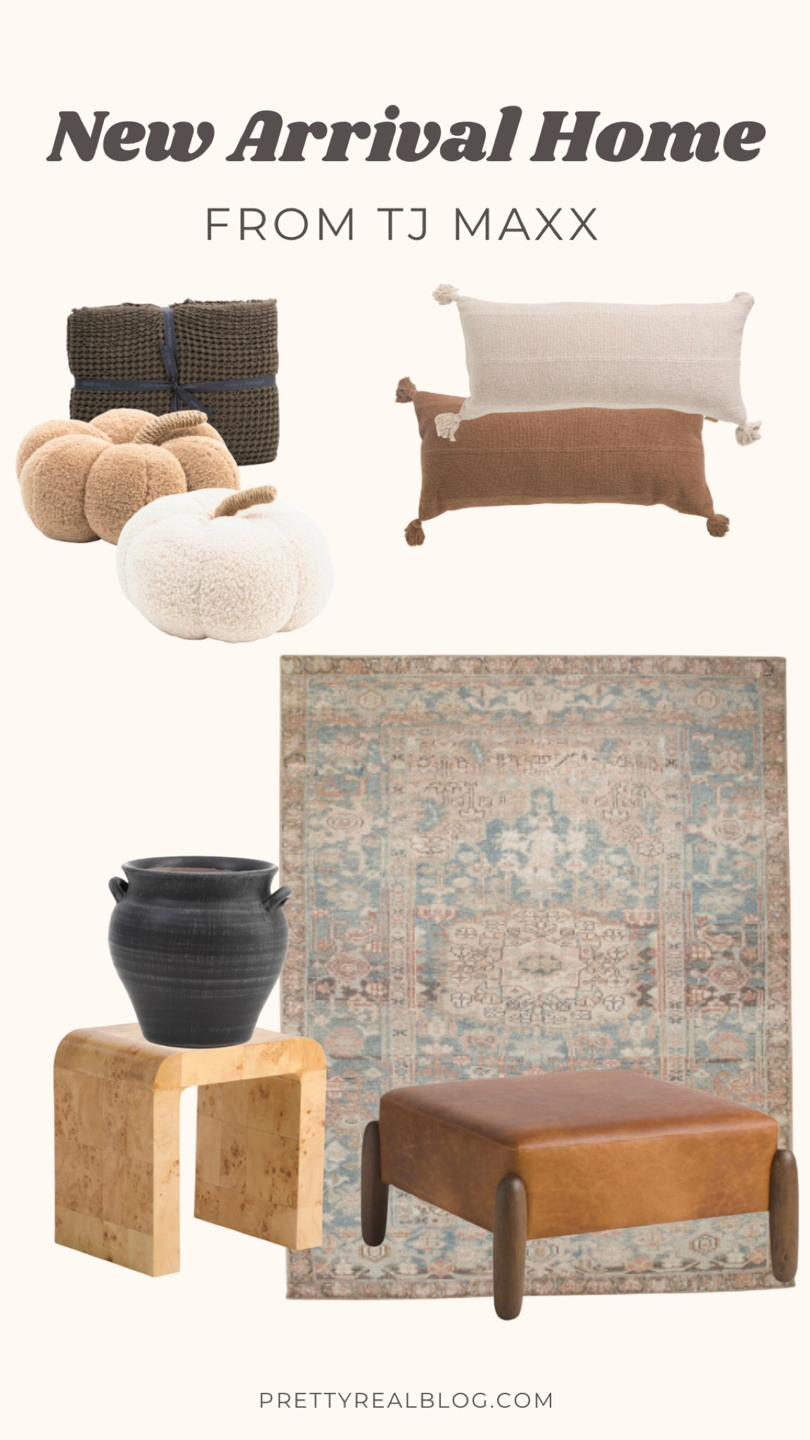 Fall home, pumpkin pillows, fall throw pillows, vintage look rug, black urn, Burl wood side table, waffle blanket, leather ottoman 