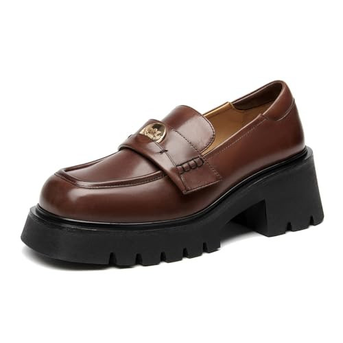 BEAU TODAY Chunky Loafers Women, Platform Penny Loafers for Women, Business Classic Lug Sole Leather Loafers, Casual Comfortable Slip-on Dress Shoes Coffee US 8.5 | Amazon (US)