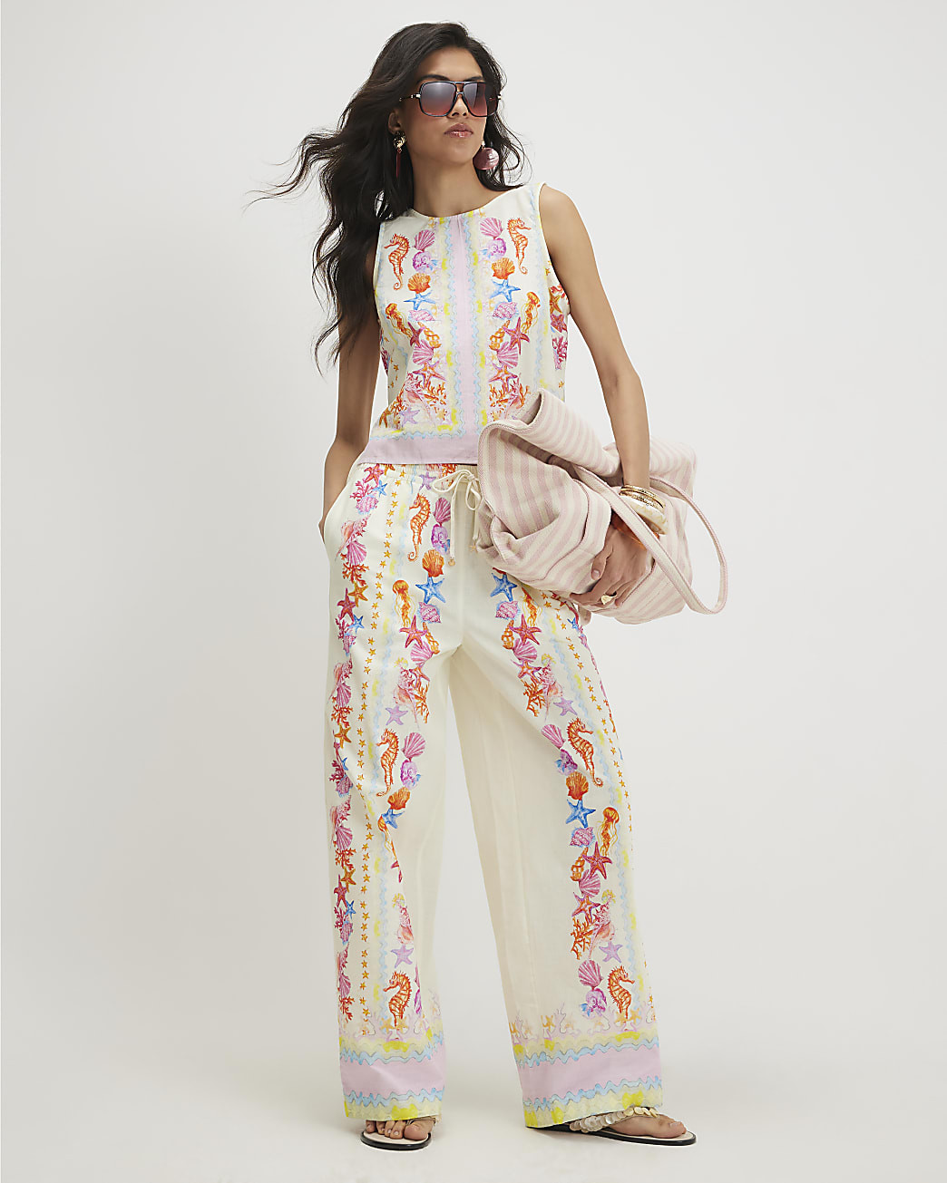 Cream Sea Life Print Wide Leg Trousers | River Island UK & IE