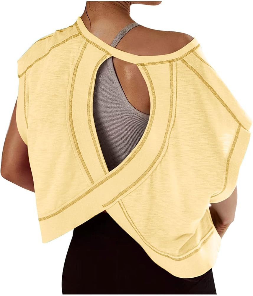 Workout Tops for Women Open Back Short Sleeve Shirt Backless Gym Yoga Athletic Tshirts Trendy Run... | Amazon (US)