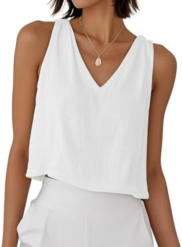 Women Linen Crop Tank Tops V Neck Spring Summer Sleeveless Casual Cute Beach Shirts | Amazon (US)