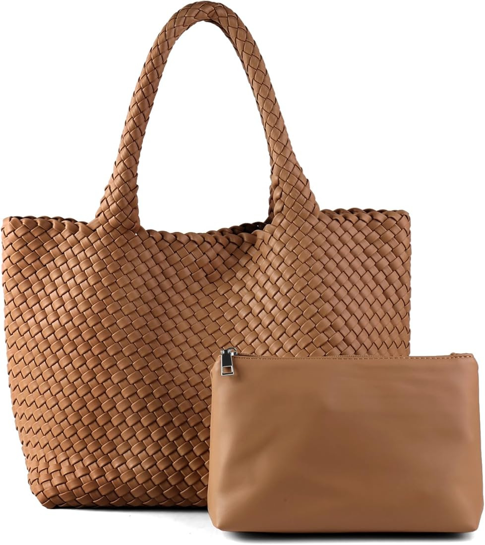 Woven Bag for Women, Vegan Leather Tote Bag Large Summer Beach Travel Handbag and Purse Retro Han... | Amazon (US)