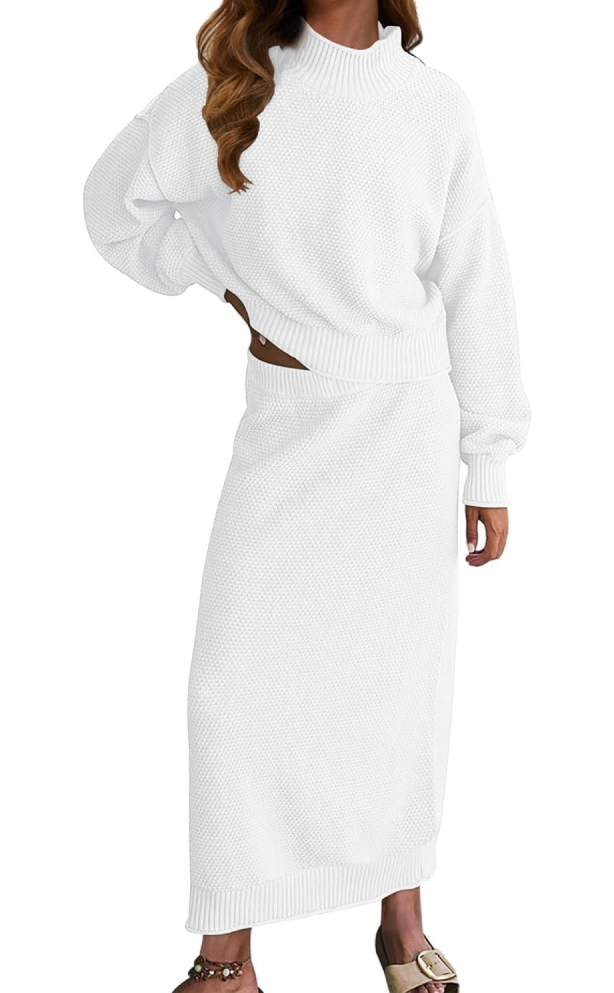 This is a dead ringer for the Free People Hailee Sweater Skirt Set. If you remember, I tried on the FO one last week. This fits very similarly to the FP one and has the same chunky material… but this is at a fraction of the cost. I sized up to a large but could probably do a medium  

#LTKGiftGuide #LTKSeasonal #LTKHoliday