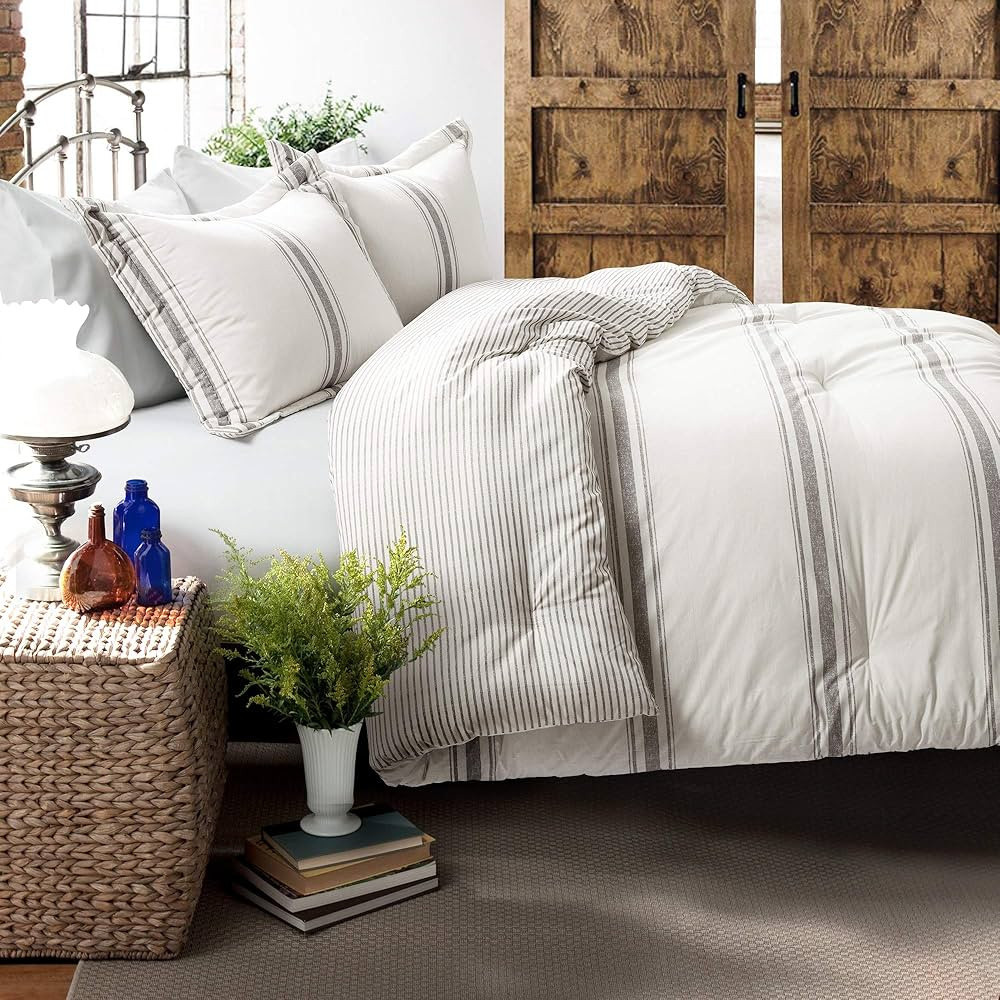 Lush Decor Farmhouse Stripe 3 Piece Reversible Comforter Bedding Set, Full/Queen, Gray | Amazon (US)
