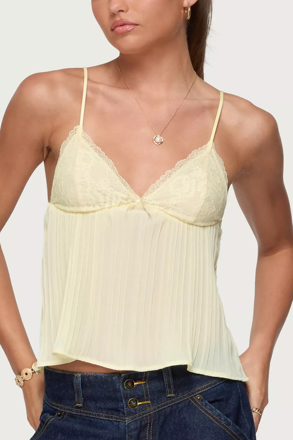 Edikted Rhian Lacey Pleated Babydoll Top | Urban Outfitters (US and RoW)