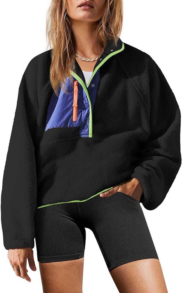 Yanekop Womens Fuzzy Fleece Pullover Sherpa Sweatshirt Long Sleeve Button Down Sweater Jacket wit... | Amazon (US)