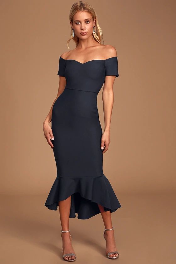 How Much I Care Midnight Blue Off-the-Shoulder Midi Dress | Lulus (US)