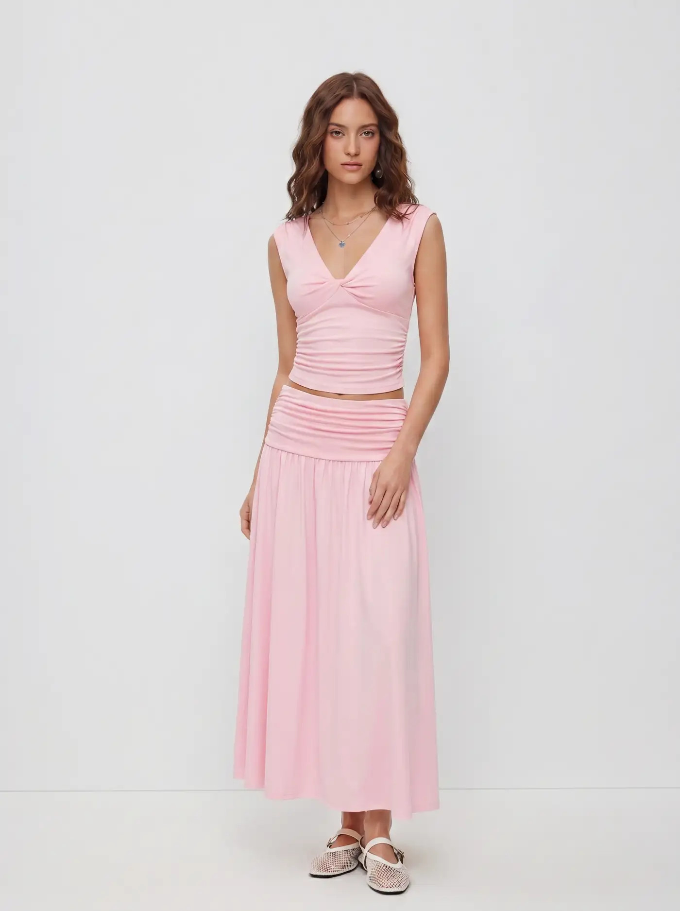 SELLING OUT SOON V-neck Ruched Backless Tank Top & Asymmetrical Hem Maxi Skirt Set CHF 44.90 | Cider