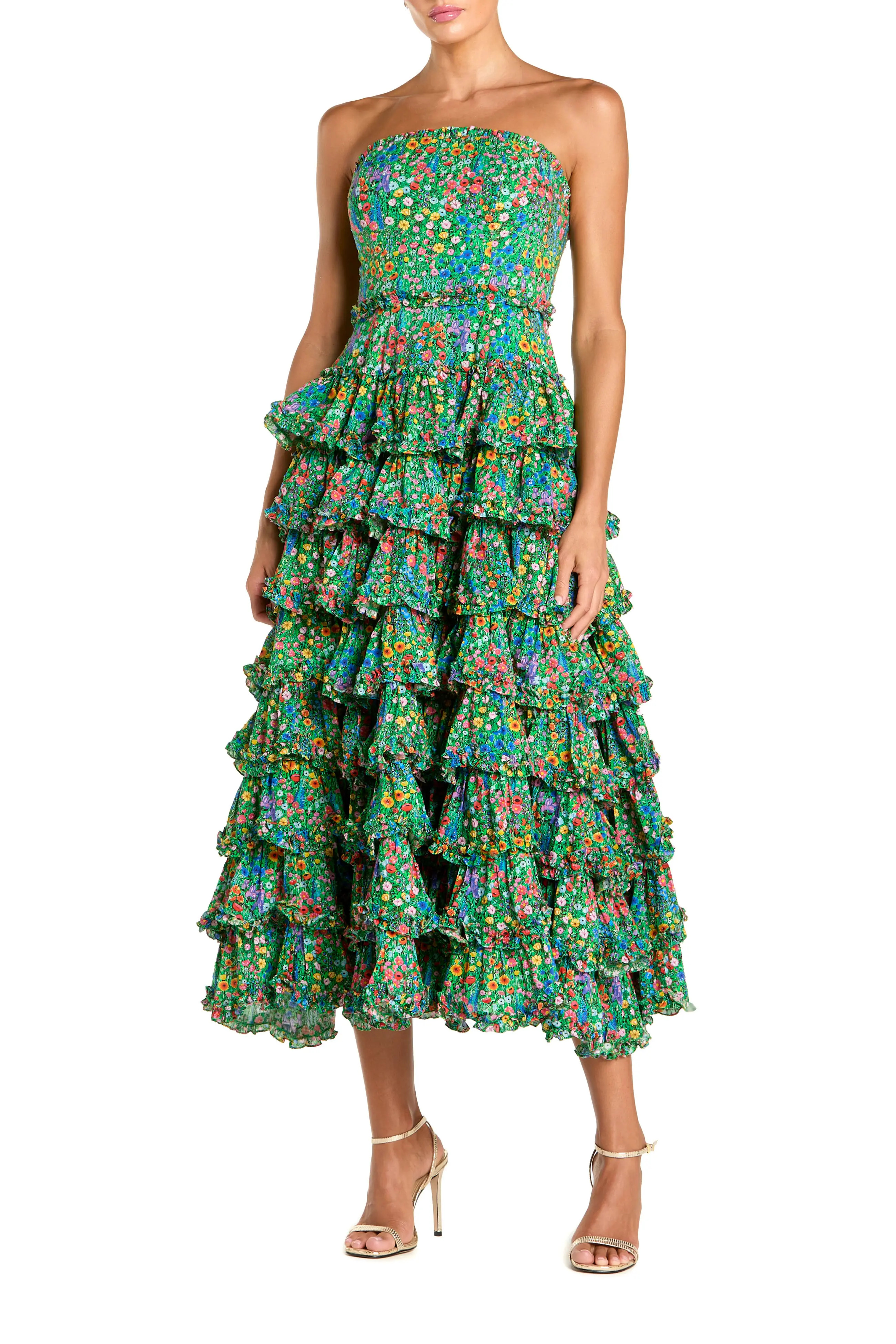 Floral Cotton Strapless Tiered Ruffle Midi Dress (Women) | Nordstrom | Nordstrom