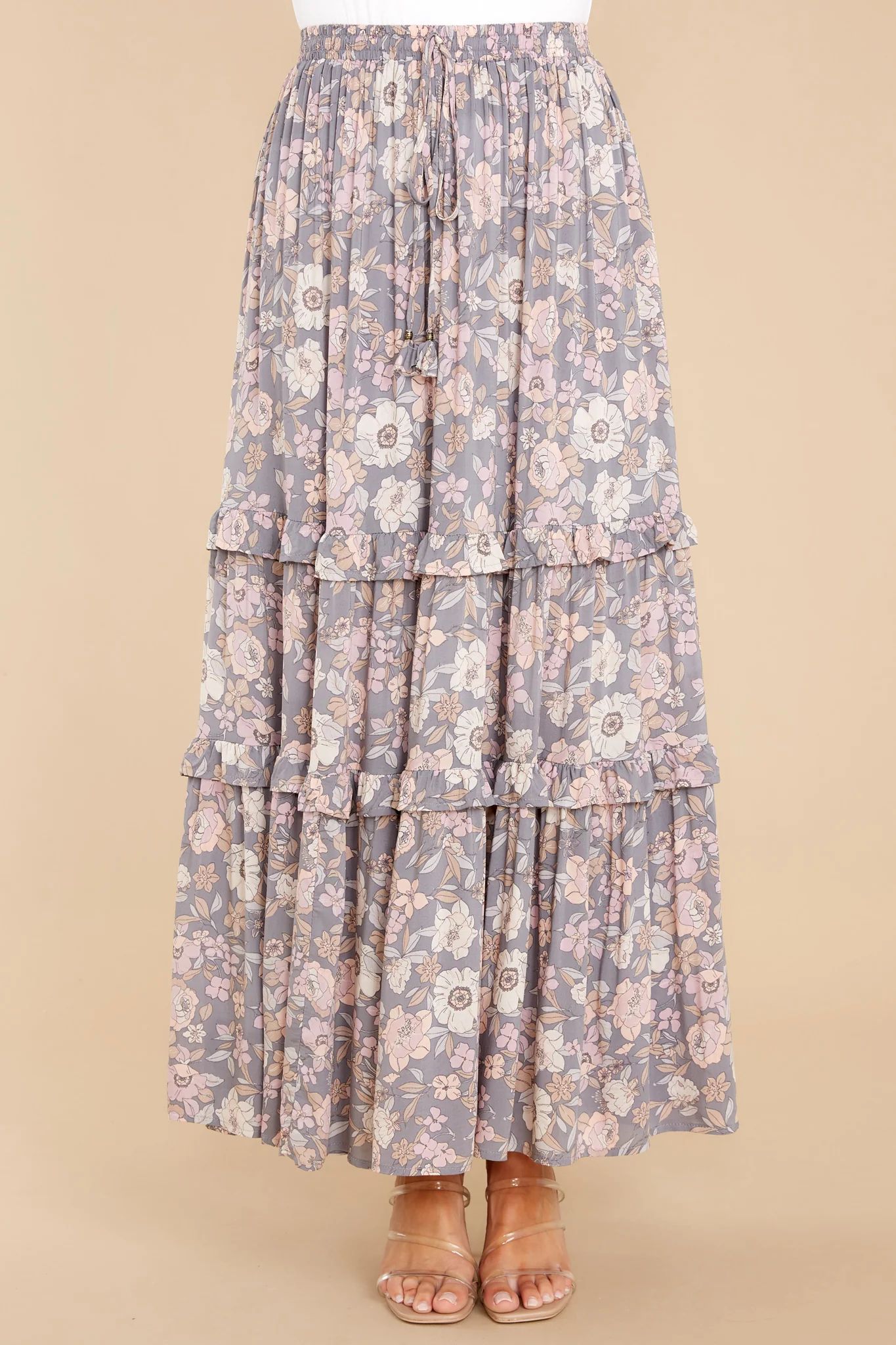Alluring Adventures Grey Floral Print Maxi Skirt | Red Dress 