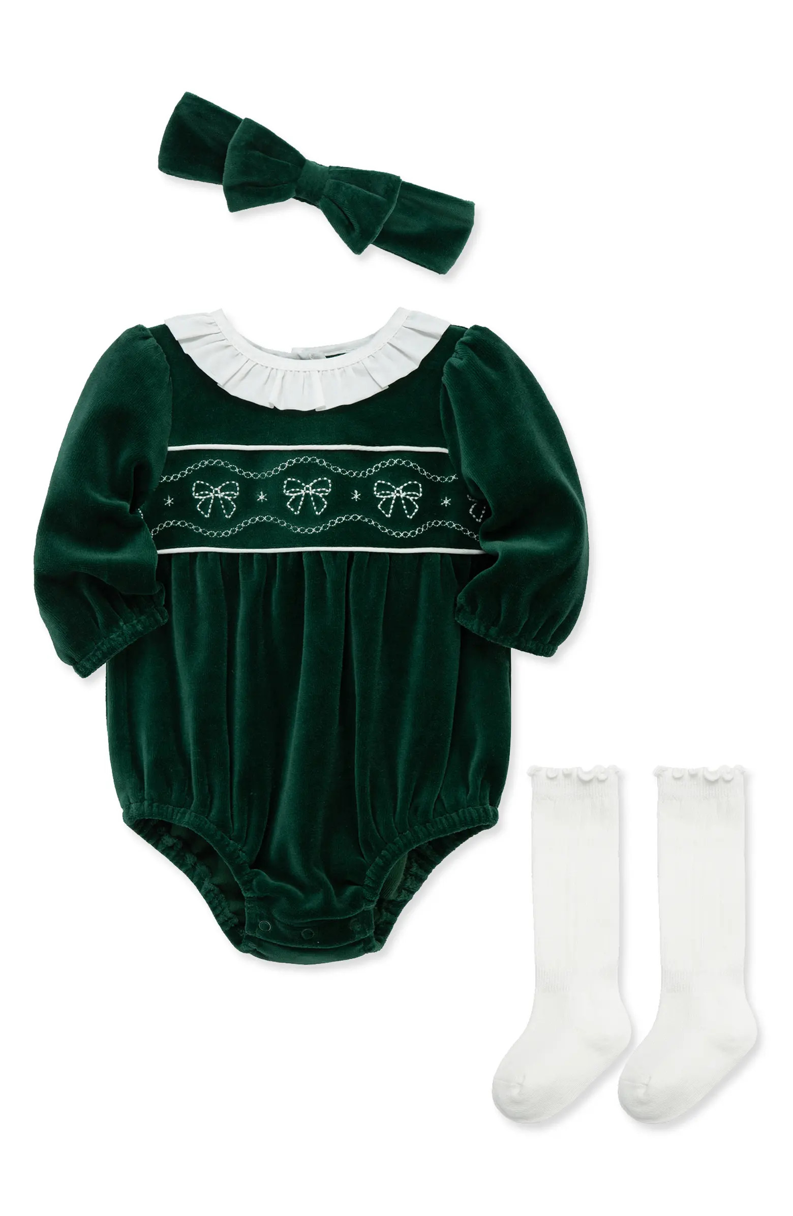 Bows Cotton Blend Velour Bubble Romper, Headband & Knee High Socks Set | Nordstrom