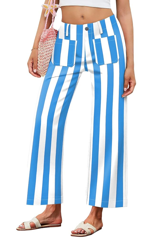 Women Striped Jeans Stretchy Cropped Vertical Denim Pants with Pockets | Amazon (US)