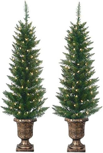 Set of 2 Lighted Pre-Potted 4 Foot Artificial Cedar Topiary Outdoor Indoor Trees - Set of 2 - Bat... | Amazon (US)