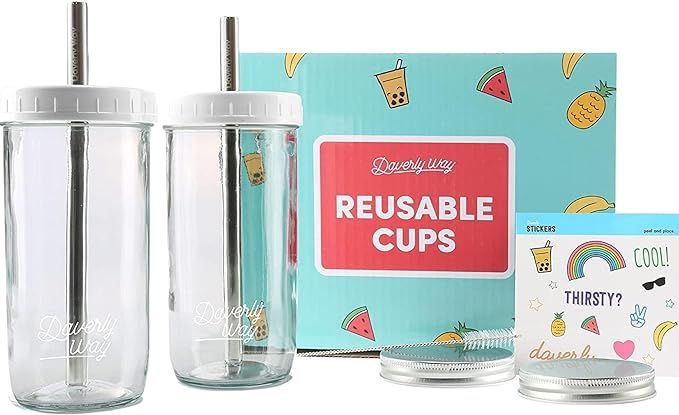 Daverly Way Reusable Boba Bubble Smoothie Cups With 4 Lids And 2 Metal Reusable Straws And Straw ... | Amazon (US)