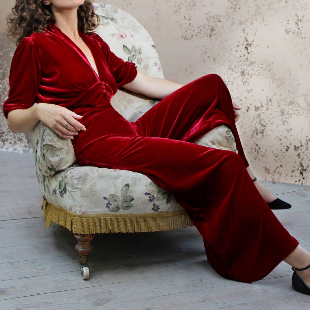 Sumptuous Vintage Style Red Silk Velvet Jumpsuit | Not On The High Street