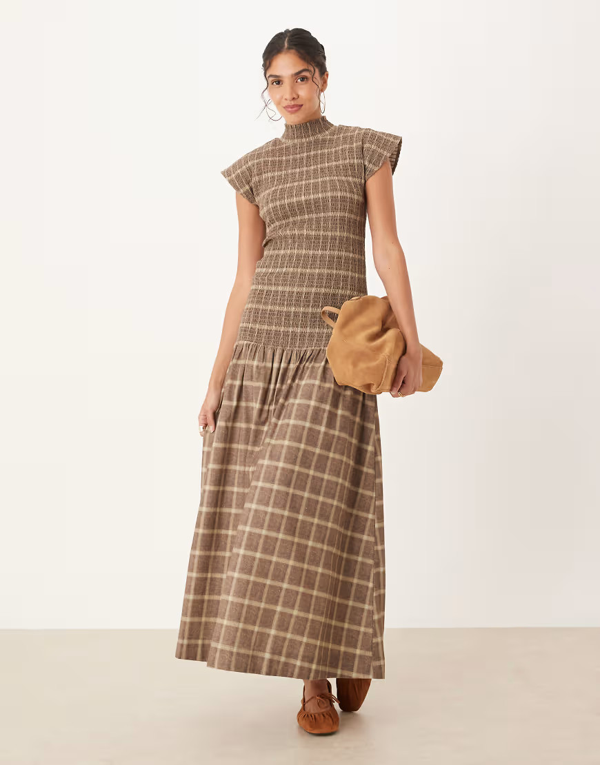 ASOS DESIGN high neck shirred maxi dress with dropped waist in plaid-Multi | ASOS (Global)