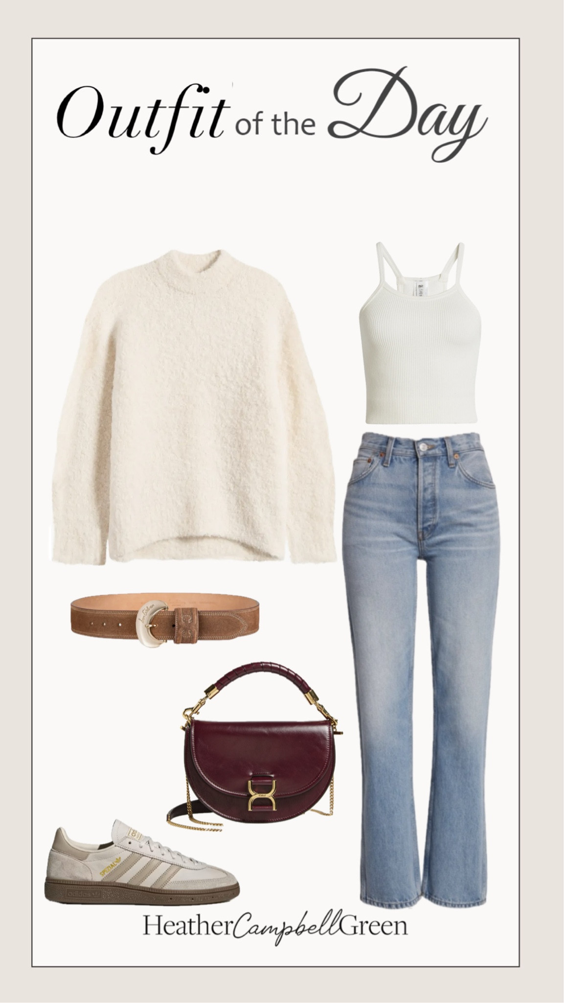 Outfit of the day, holiday holiday idea on sale cozy neutral sweater, flattering best selling affordable jeans, suede leather belt, most popular handbag restocked, best selling Adidas sneakers restocked 

#LTKHoliday #LTKStyleTip #LTKSaleAlert