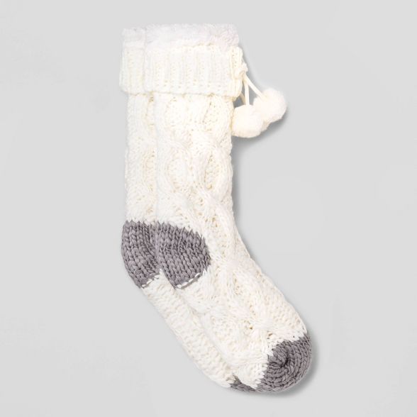 Women's Cable Textured Sweater Knit Sherpa Lined Slipper Socks with Poms & Grippers - Ivory 4-10 | Target