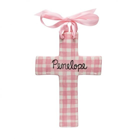 Caroline & Co Hand Painted Large Plaid Cross – Pink | The Tot