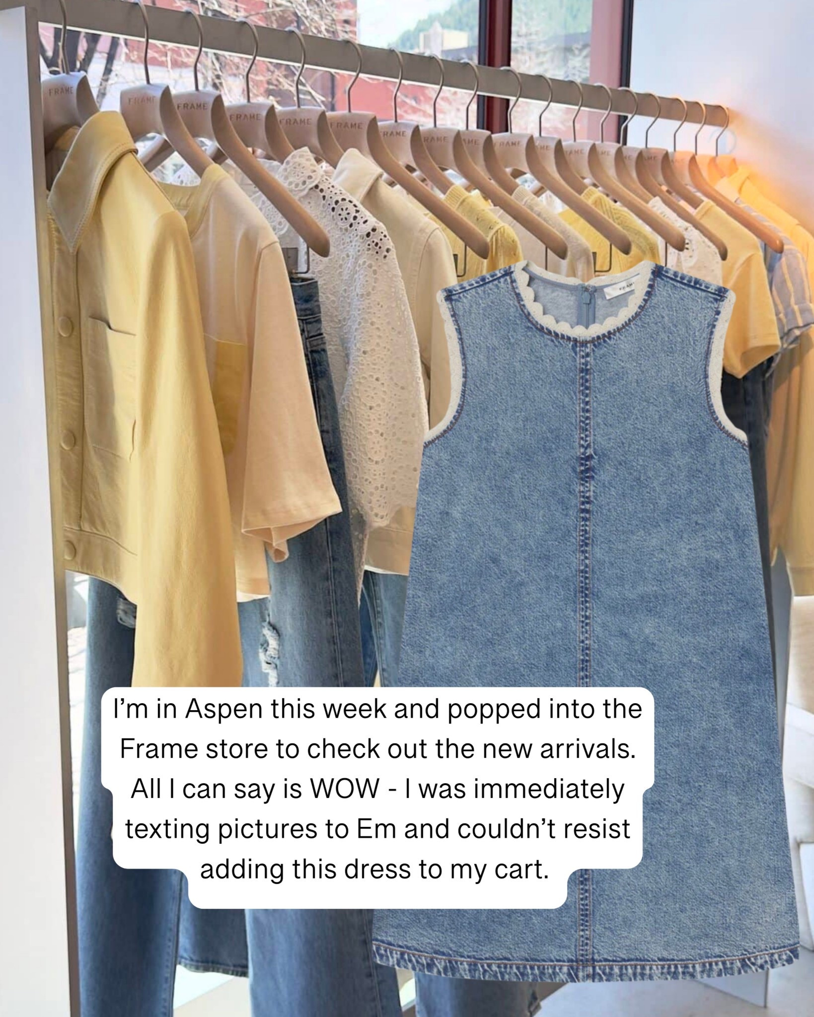 Aspen has the best shopping! I was excited to pop into the Frame store to see all their new arrivals. And wow — the store looks so good! Pretty shades of butter yellow, soft whites and faded jeans look pretty for spring. Some pieces that caught my eye include this crochet trim denim dress that I quickly added to my shopping cart!

#LTKOver40 #LTKSeasonal