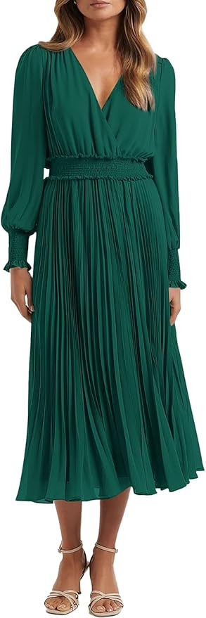PRETTYGARDEN Womens Wrap V Neck Spring Dresses Wedding Guest Casual Pleated Long Sleeve Midi Dres... | Amazon (US)