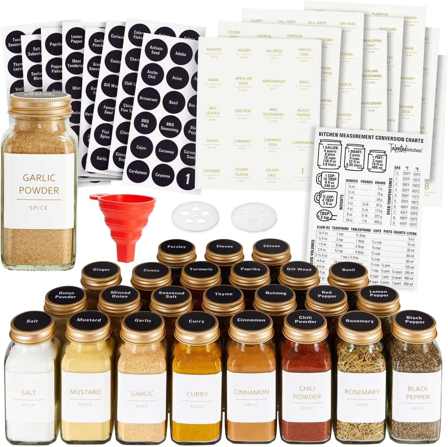 Talented Kitchen 24 Pack Glass Spice Jars with Shaker Lids 6oz, 328 Preprinted Labels, Gold Caps | Amazon (US)