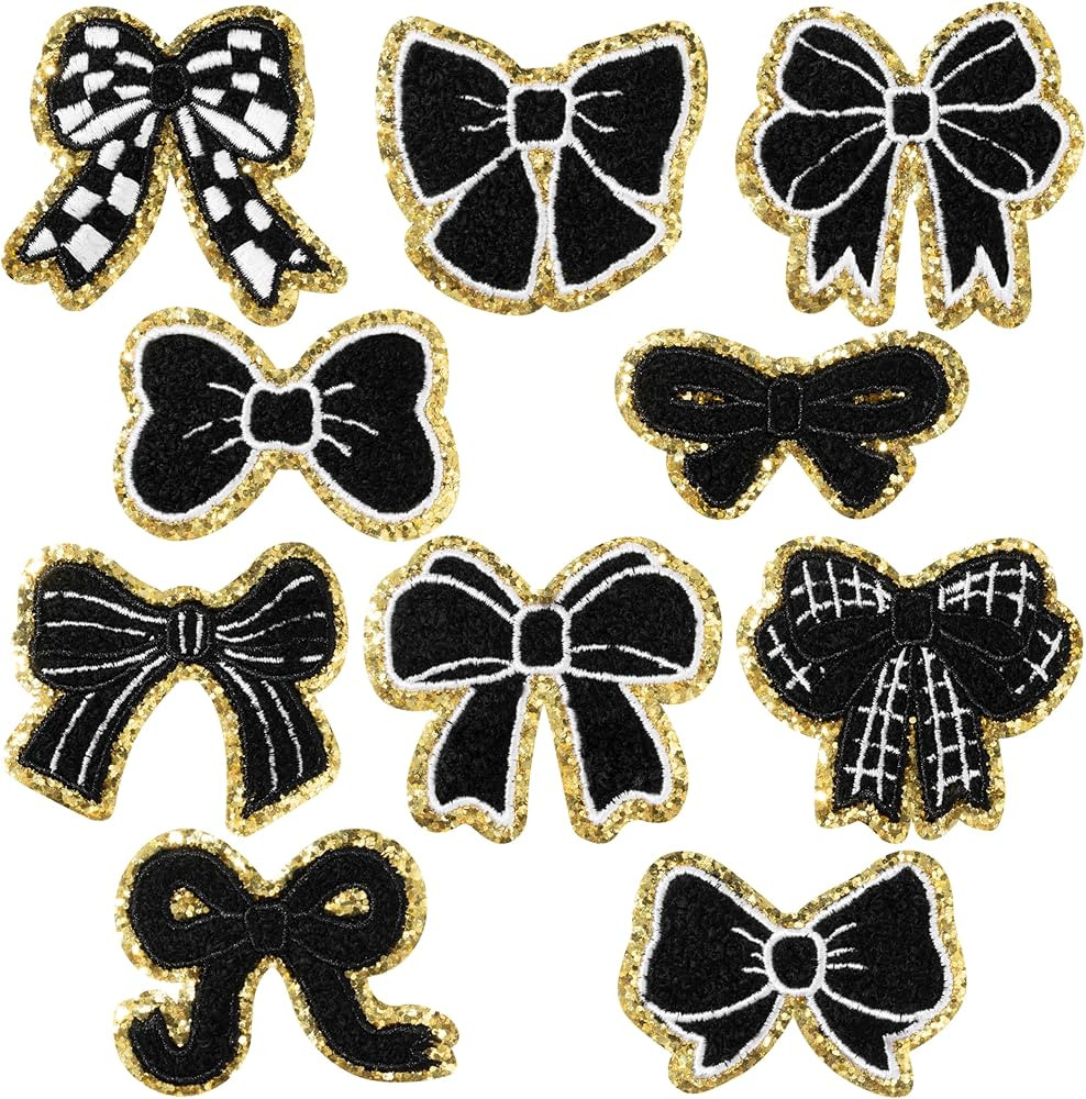 Bow Chenille Iron on Patches - 10Pcs Black Bow Repair Patches Kit Gold Sparkling Sew on Embroider... | Amazon (US)